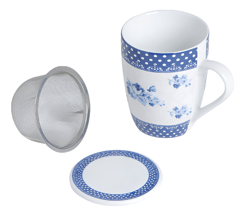 Caneca De Porcelana Super White Com Tampa E Filtro Elsa Azul Branco