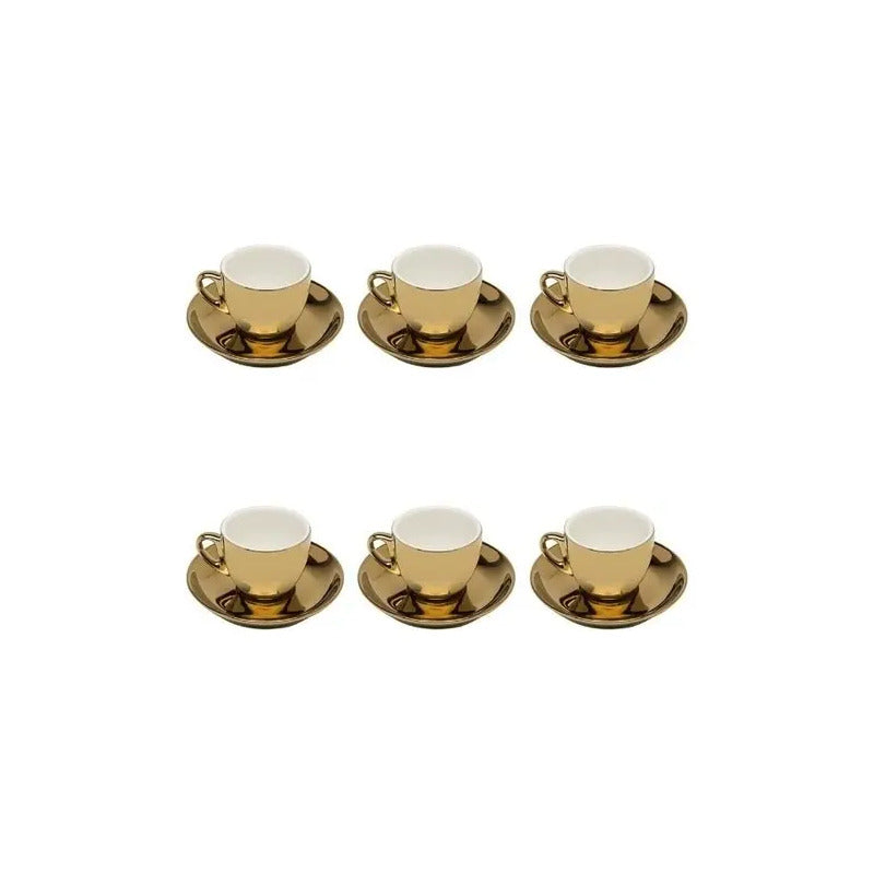 Conjunto 6 Xícaras C Pires E Suporte Dourado 90ml - Wolff Dourado-escuro Liso