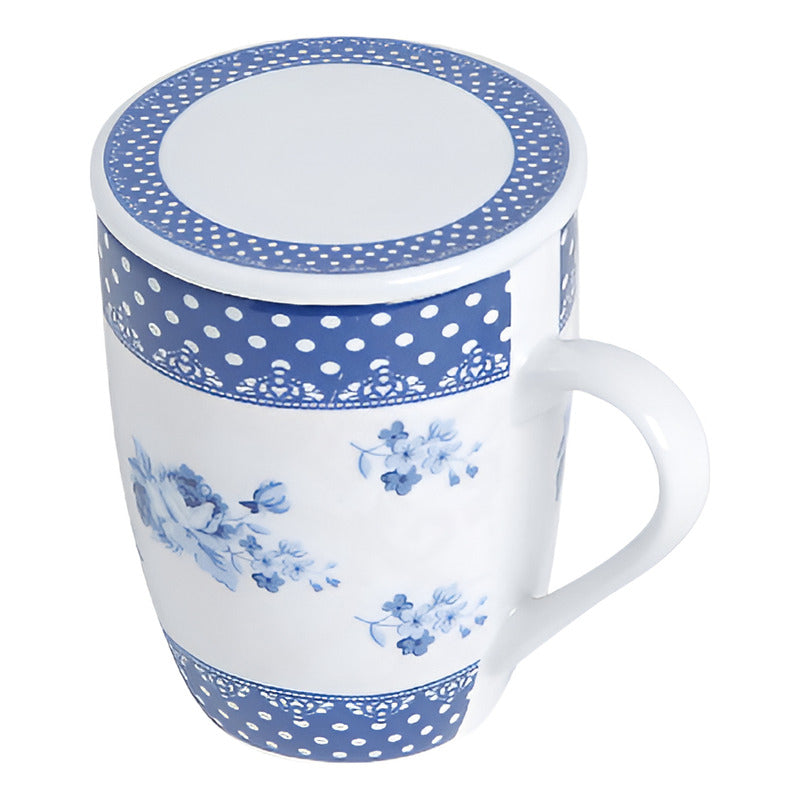 Caneca De Porcelana Super White Com Tampa E Filtro Elsa Azul Branco