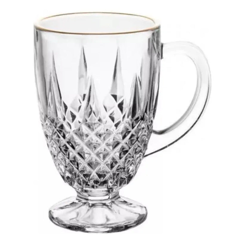 Kit 4 Xícaras Cristal Diamante Com Fio De Ouro 150ml - Lyor Transparente Com Borda Dourado Liso