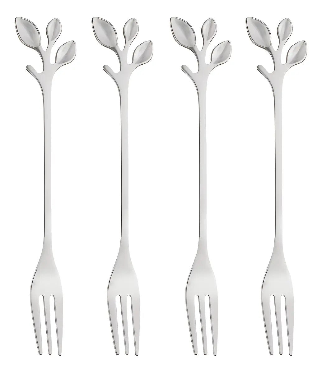 4 Garfos Para Aperitivo Lyor Leaves Prata De Aço Inox