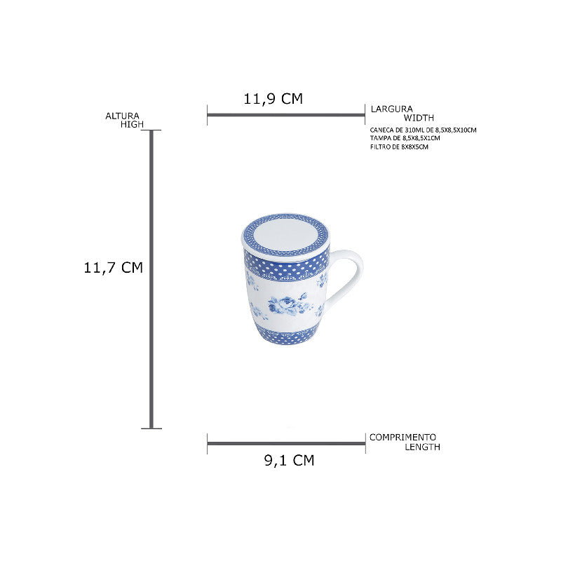Caneca De Porcelana Super White Com Tampa E Filtro Elsa Azul Branco