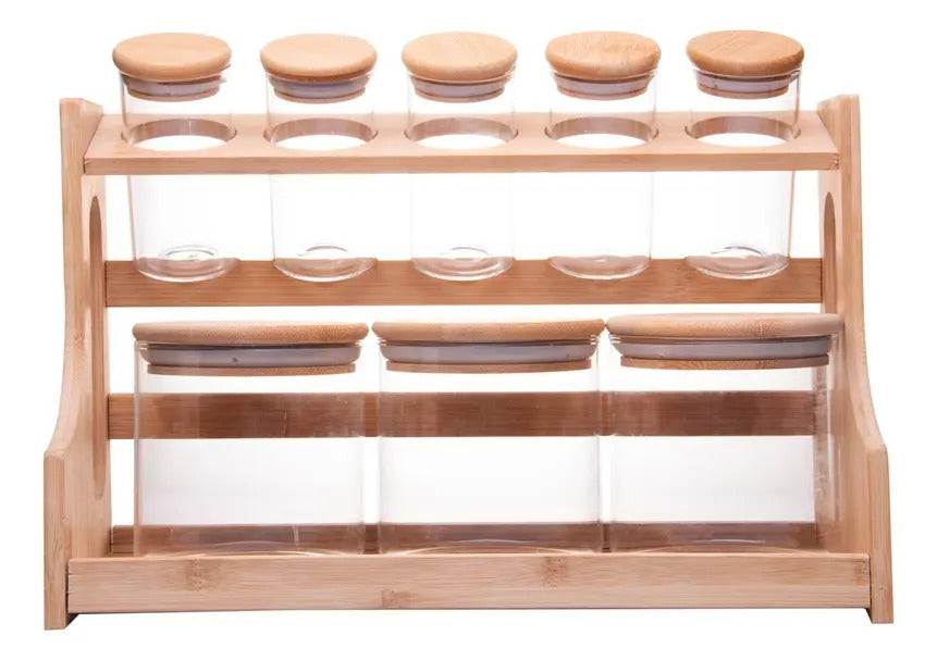 Porta Temperos De Vidro Borossilicato Com Tampa Hermética E Suporte Rack Em Bambu Conjunto Com 8 Potes 120ml/500ml - Wolff Incolor