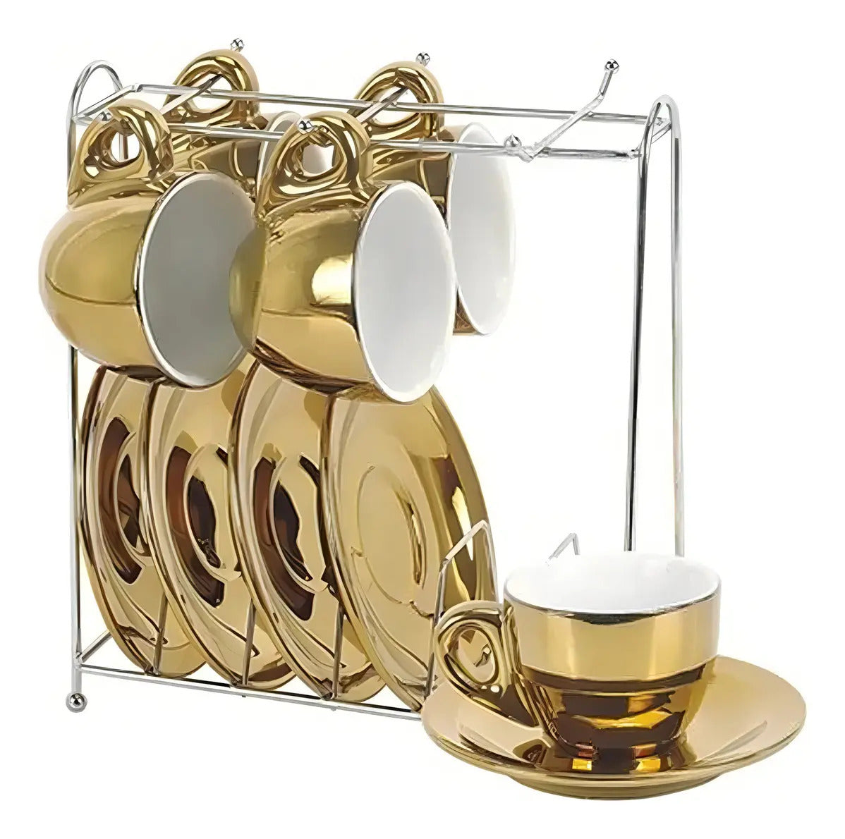 Conjunto 6 Xícaras C Pires E Suporte Dourado 90ml - Wolff Dourado-escuro Liso