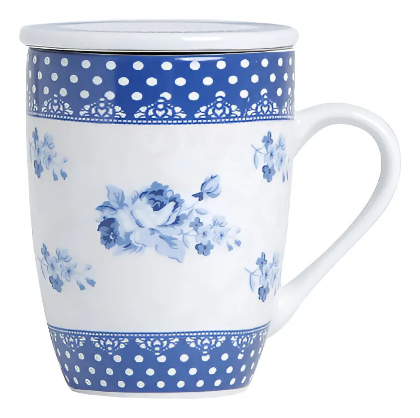 Caneca De Porcelana Super White Com Tampa E Filtro Elsa Azul Branco