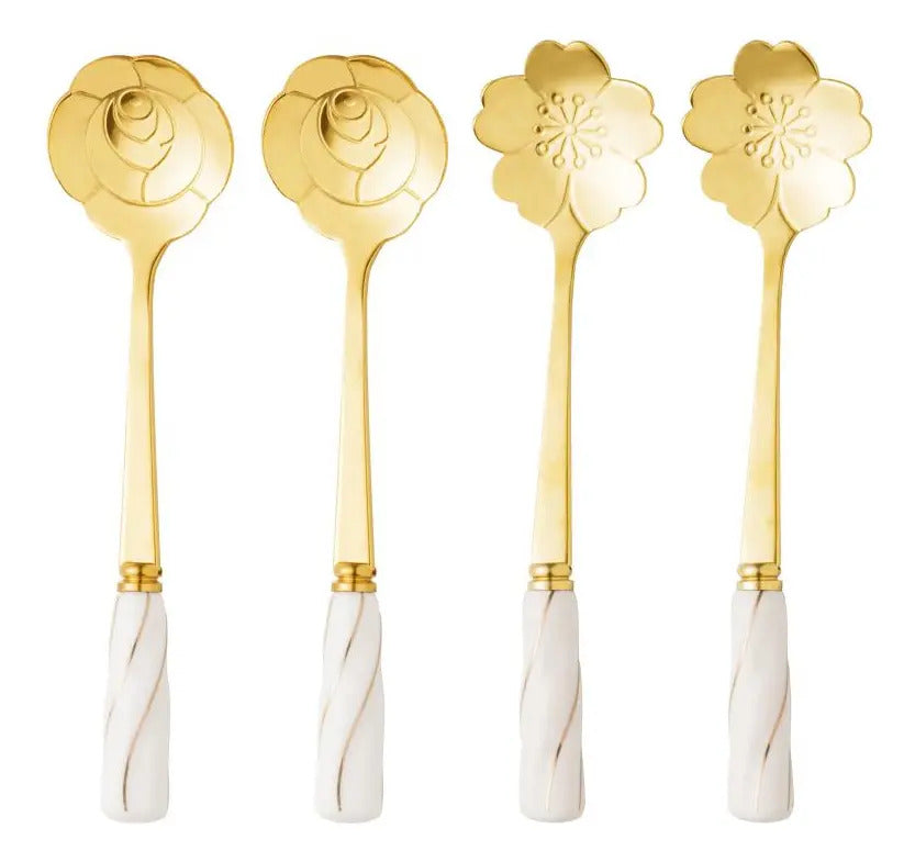 4 Colheres Wolff Flowers De Aço Inox Dourado/branco Branco Com Dourado