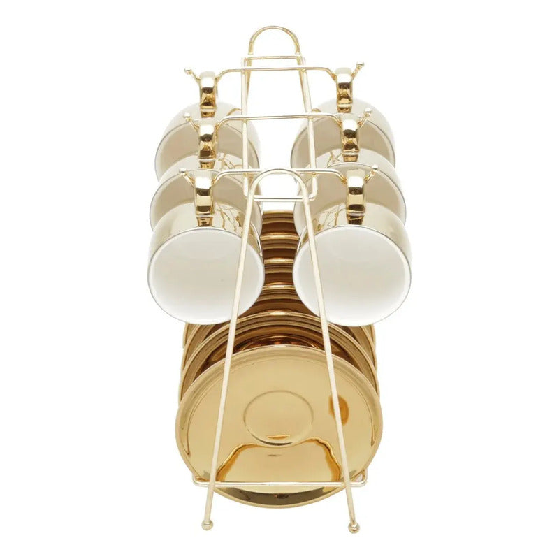 Conjunto 6 Xícaras C Pires E Suporte Dourado 90ml - Wolff Dourado-escuro Liso