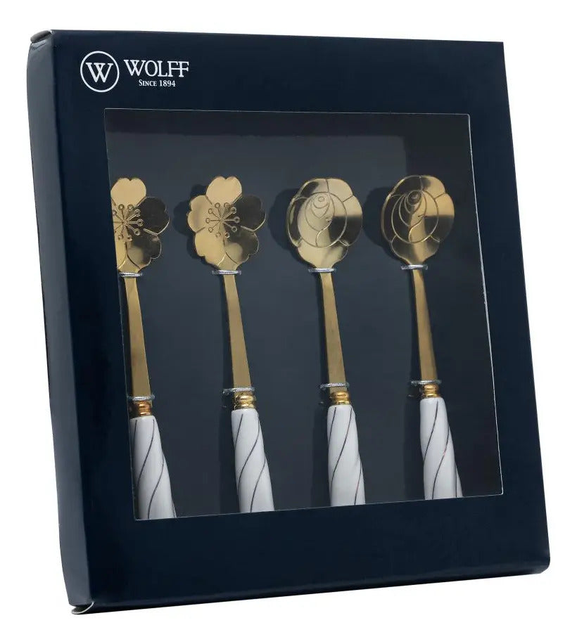 4 Colheres Wolff Flowers De Aço Inox Dourado/branco Branco Com Dourado