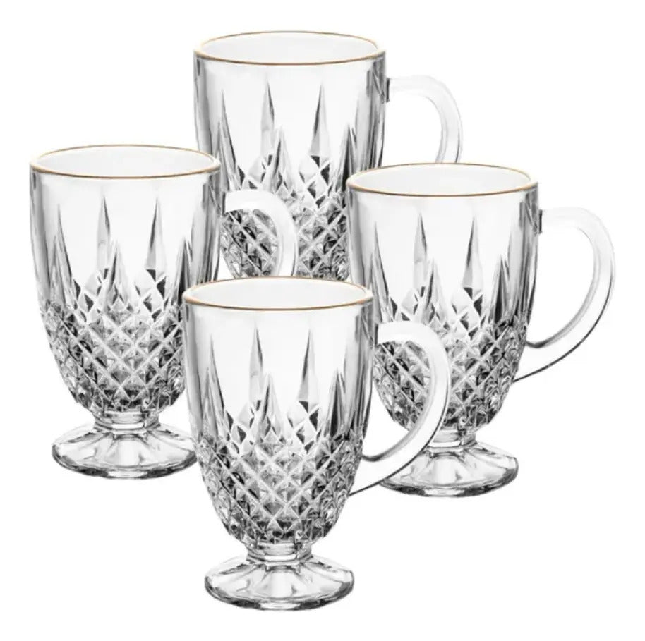Kit 4 Xícaras Cristal Diamante Com Fio De Ouro 150ml - Lyor Transparente Com Borda Dourado Liso