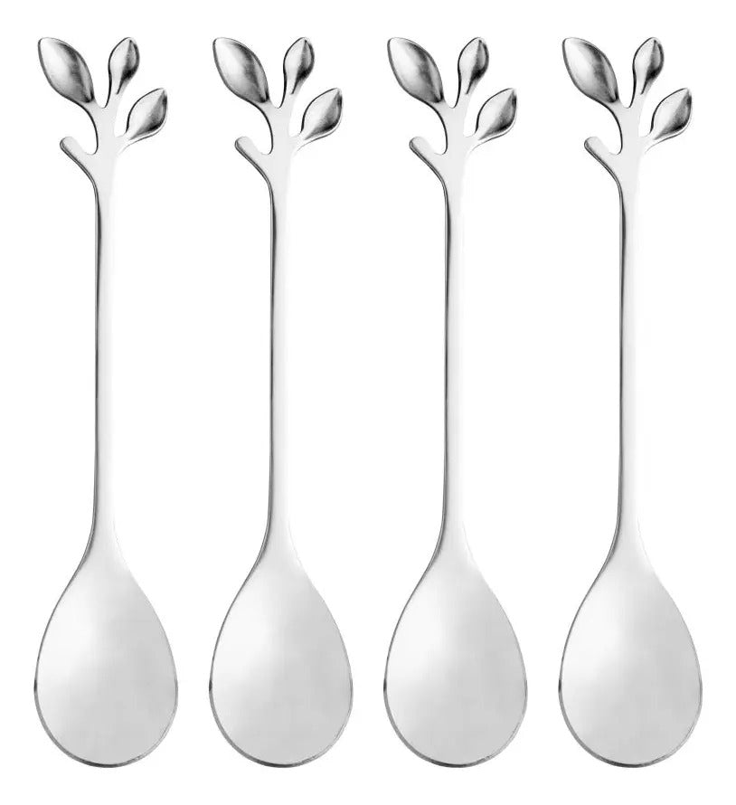 4 Colheres De Chá Lyor Leaves Prata De Aço Inox Prateado