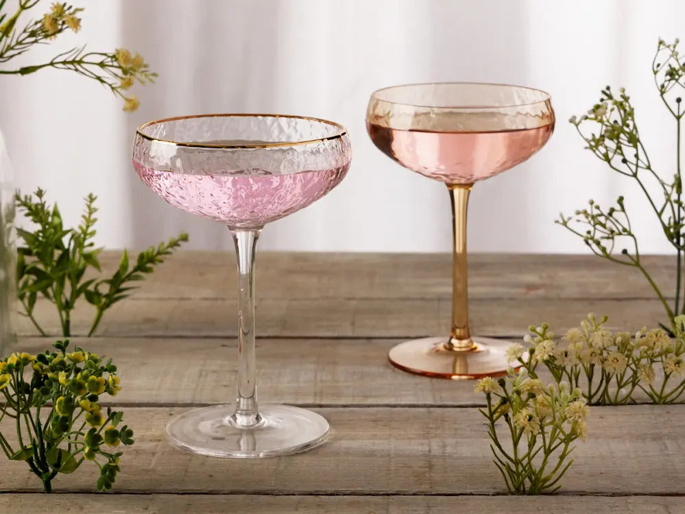 Conjunto 2 Taças Cristal Martelado Fio De Ouro Coupe Petra Cj Kit Taças Borda Dourada