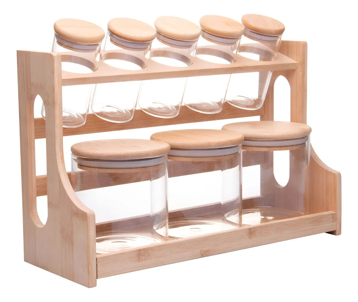 Porta Temperos De Vidro Borossilicato Com Tampa Hermética E Suporte Rack Em Bambu Conjunto Com 8 Potes 120ml/500ml - Wolff Incolor